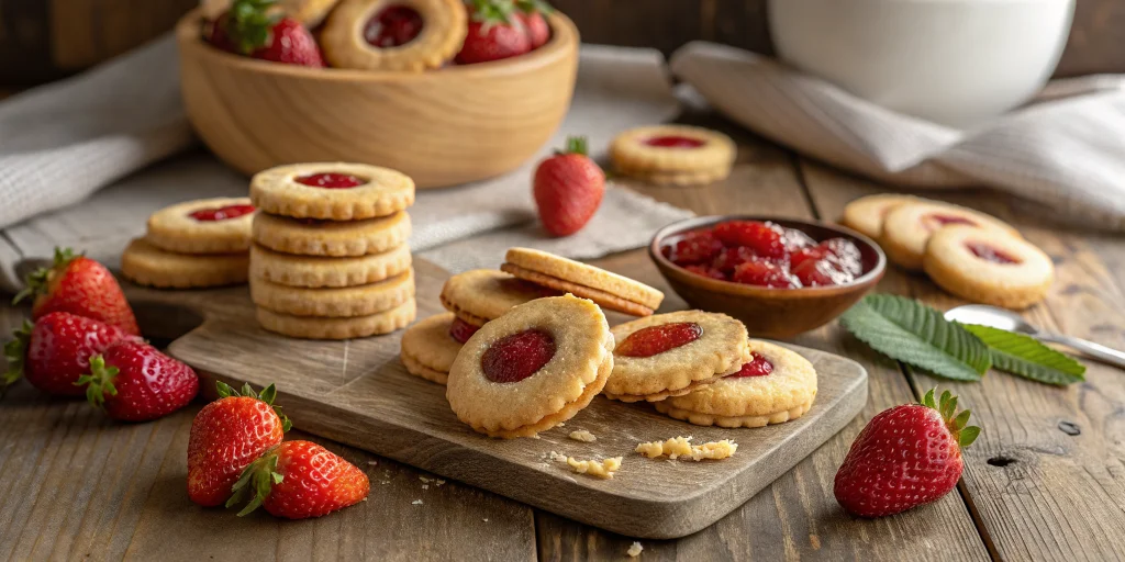 Beautiful homemade strawberry jam cookies arranged on a rustic wooden table, golden-brown buttery cookies with visible strawb
