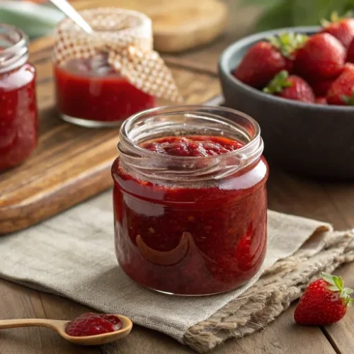 Beautiful homemade strawberry jam made from frozen strawberries in elegant glass jars, rich ruby red color, some fresh strawb