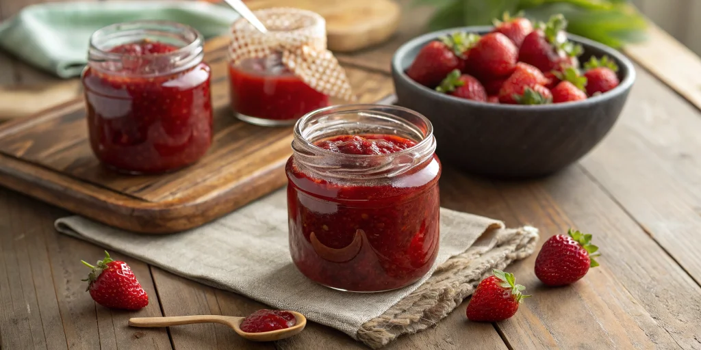 Beautiful homemade strawberry jam made from frozen strawberries in elegant glass jars, rich ruby red color, some fresh strawb