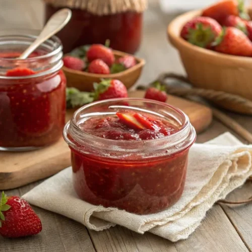 Beautiful homemade strawberry jam with pectin in glass jars, fresh strawberries scattered around, rustic kitchen setting, war