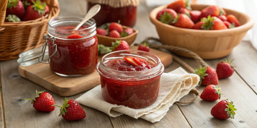 Beautiful homemade strawberry jam with pectin in glass jars, fresh strawberries scattered around, rustic kitchen setting, war