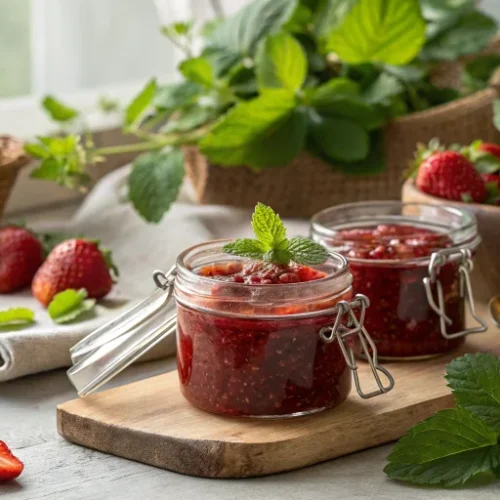 Beautiful homemade strawberry mint jam in glass jars with fresh strawberries and mint leaves, rustic kitchen setting, natural