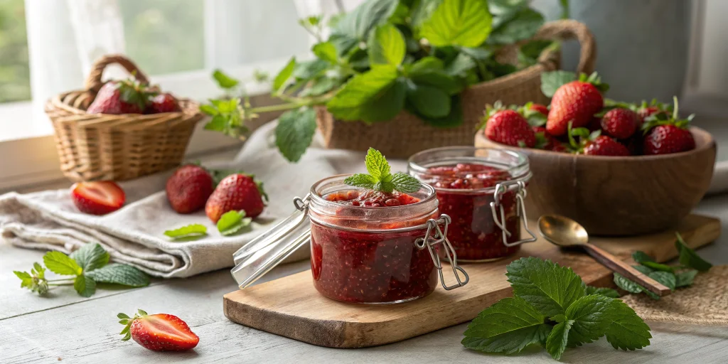Beautiful homemade strawberry mint jam in glass jars with fresh strawberries and mint leaves, rustic kitchen setting, natural