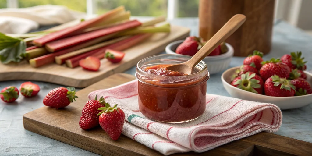 Beautiful homemade strawberry rhubarb jam in a glass jar with wooden spoon, fresh strawberries and pink rhubarb stalks scatte