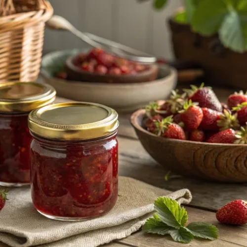 Beautiful homemade wild strawberry jam in glass jars with golden lids, surrounded by fresh wild strawberries on a rustic wood