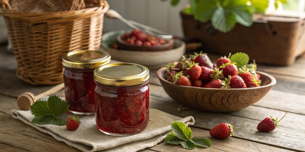 Beautiful homemade wild strawberry jam in glass jars with golden lids, surrounded by fresh wild strawberries on a rustic wood