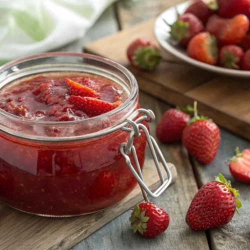 Beautiful jar of homemade strawberry jam with agar-agar, vibrant red color, fresh strawberry pieces visible, elegant glass ja