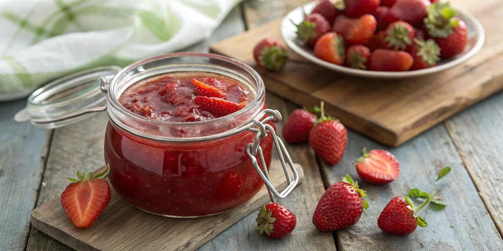 Beautiful jar of homemade strawberry jam with agar-agar, vibrant red color, fresh strawberry pieces visible, elegant glass ja