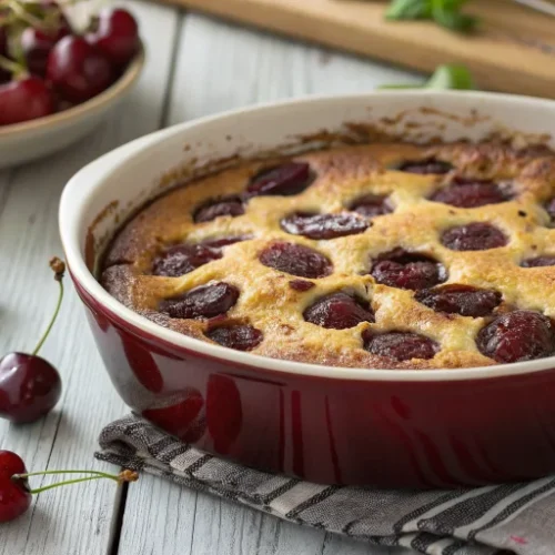 Beautiful rustic cherry chocolate clafoutis in a ceramic baking dish, golden brown surface with visible cherries and chocolat