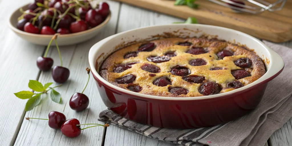 Beautiful rustic cherry chocolate clafoutis in a ceramic baking dish, golden brown surface with visible cherries and chocolat