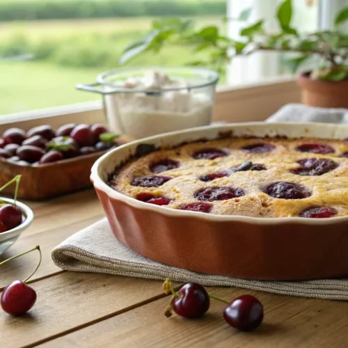 Beautiful rustic French clafoutis aux cerises in a ceramic baking dish, golden brown surface with dark red cherries peeking t