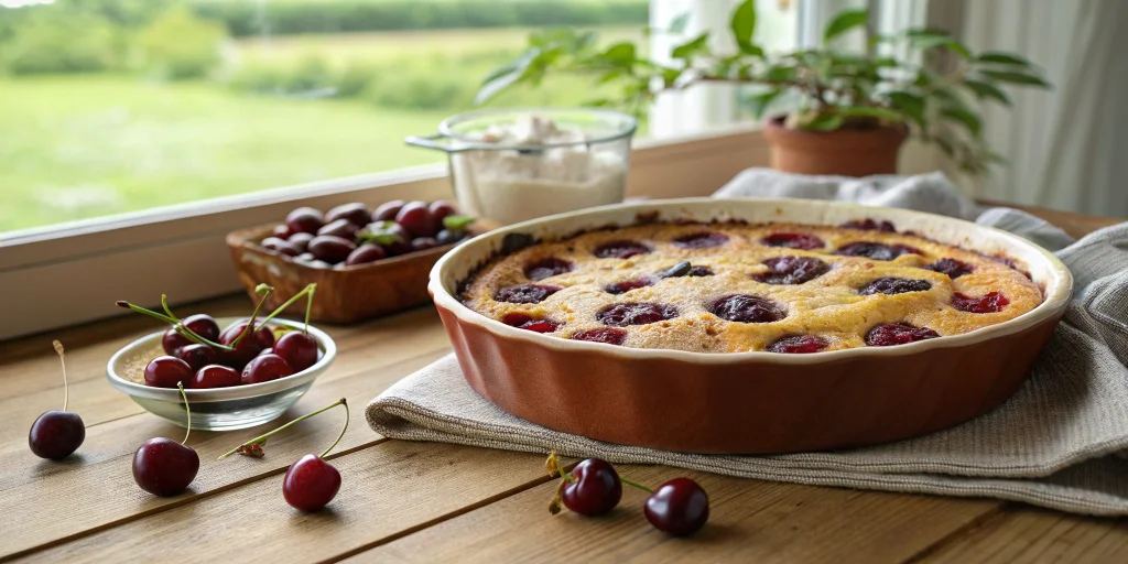 Beautiful rustic French clafoutis aux cerises in a ceramic baking dish, golden brown surface with dark red cherries peeking t
