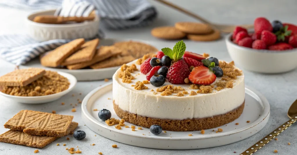 Beautiful speculoos cheesecake no-bake dessert with crumbly spiced biscuit base, creamy filling, decorated with crushed cooki