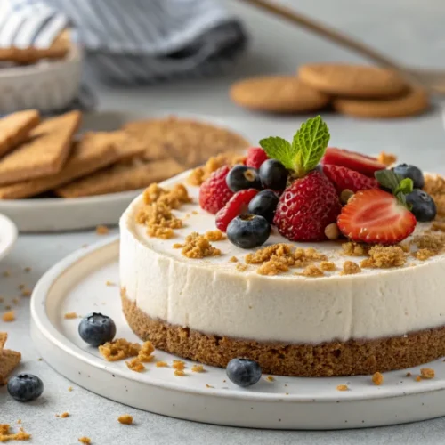 Beautiful speculoos cheesecake no-bake dessert with crumbly spiced biscuit base, creamy filling, decorated with crushed cooki