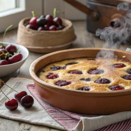 Beautiful traditional French cherry clafoutis in a rustic ceramic baking dish, golden brown surface with dark red cherries vi