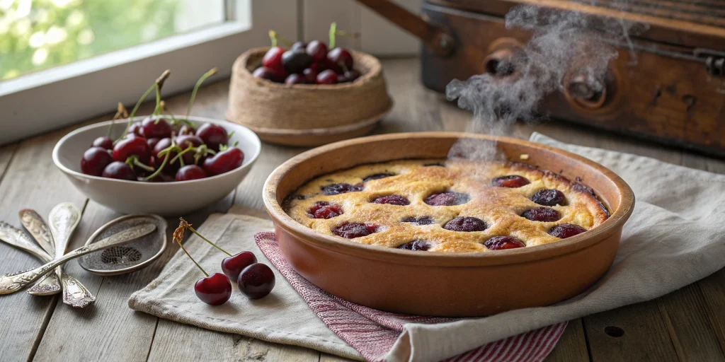 Beautiful traditional French cherry clafoutis in a rustic ceramic baking dish, golden brown surface with dark red cherries vi