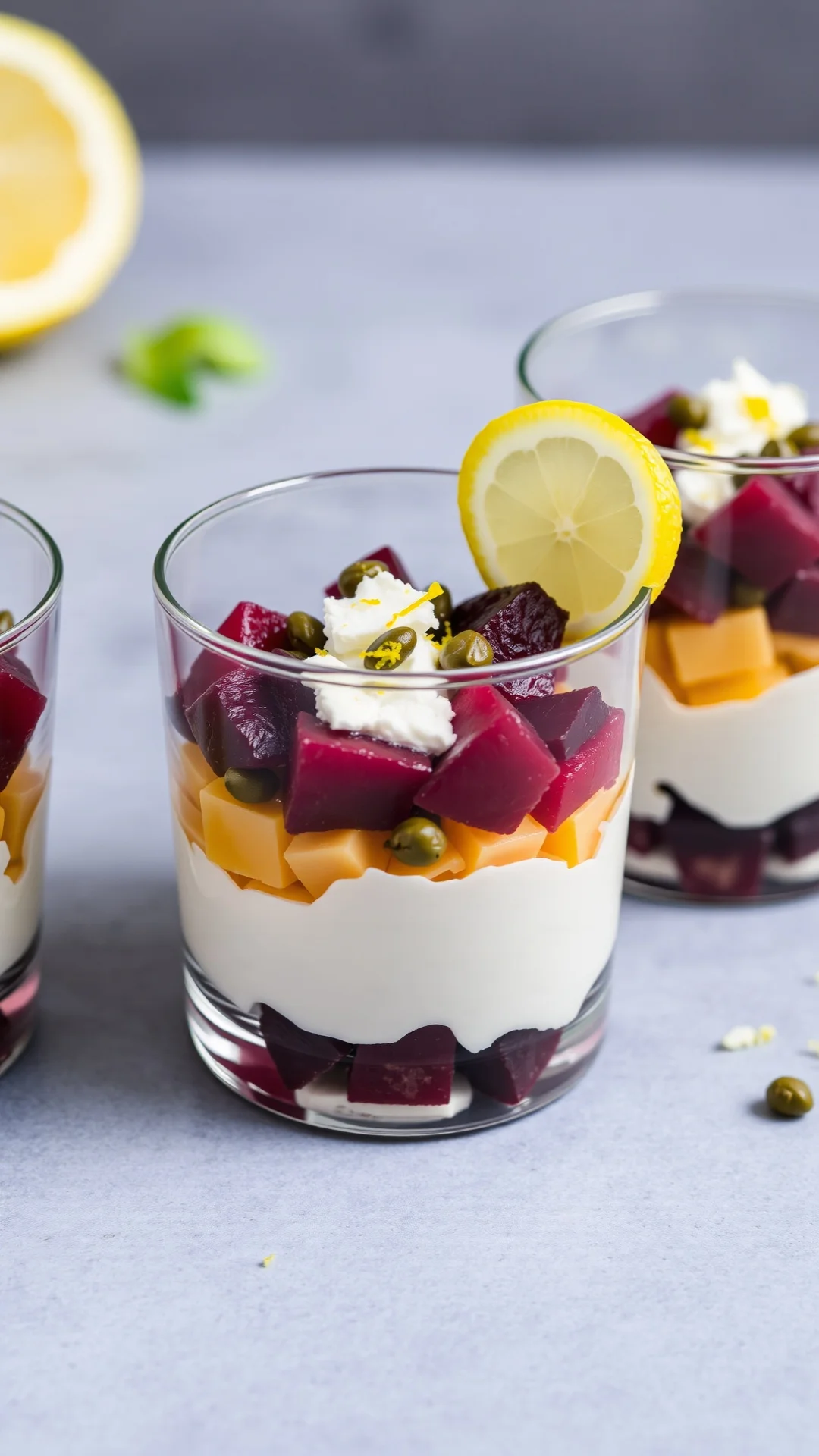 Beautiful verrine with layered ricotta, diced beets, capers, parmesan, lemon zest, premium food photography, minimalist elega