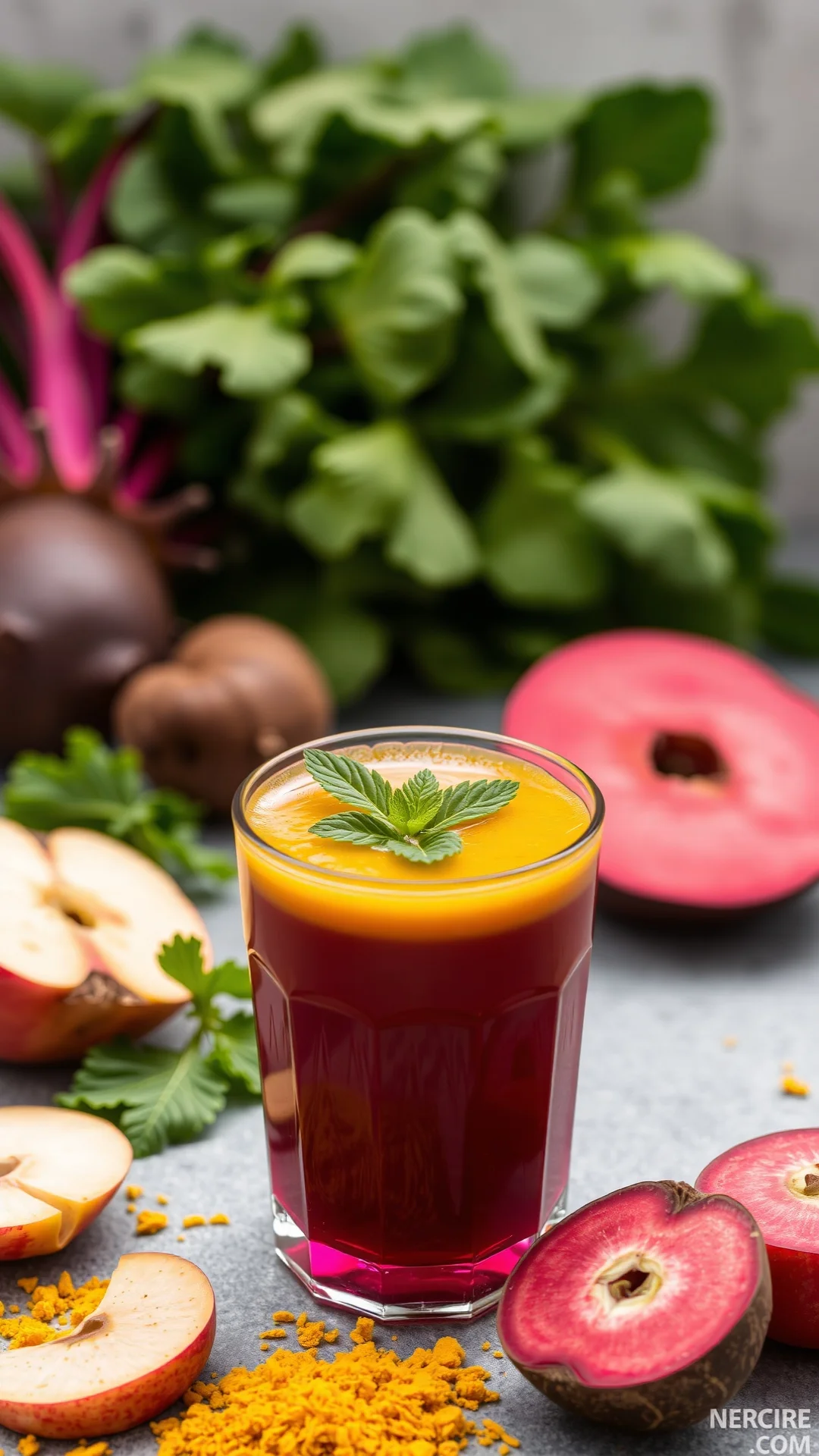 Beet apple turmeric detox juice, golden and red liquid, wellness shot, anti-inflammatory drink, close-up macro photography, f
