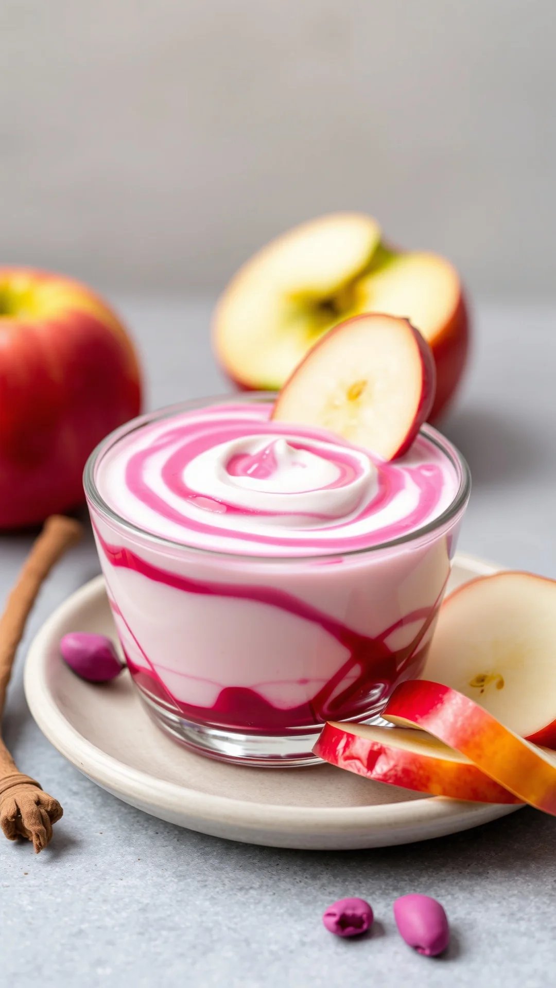 Beet apple yogurt dessert in glass bowl, pink swirl, fresh apple slices, natural light, healthy child food