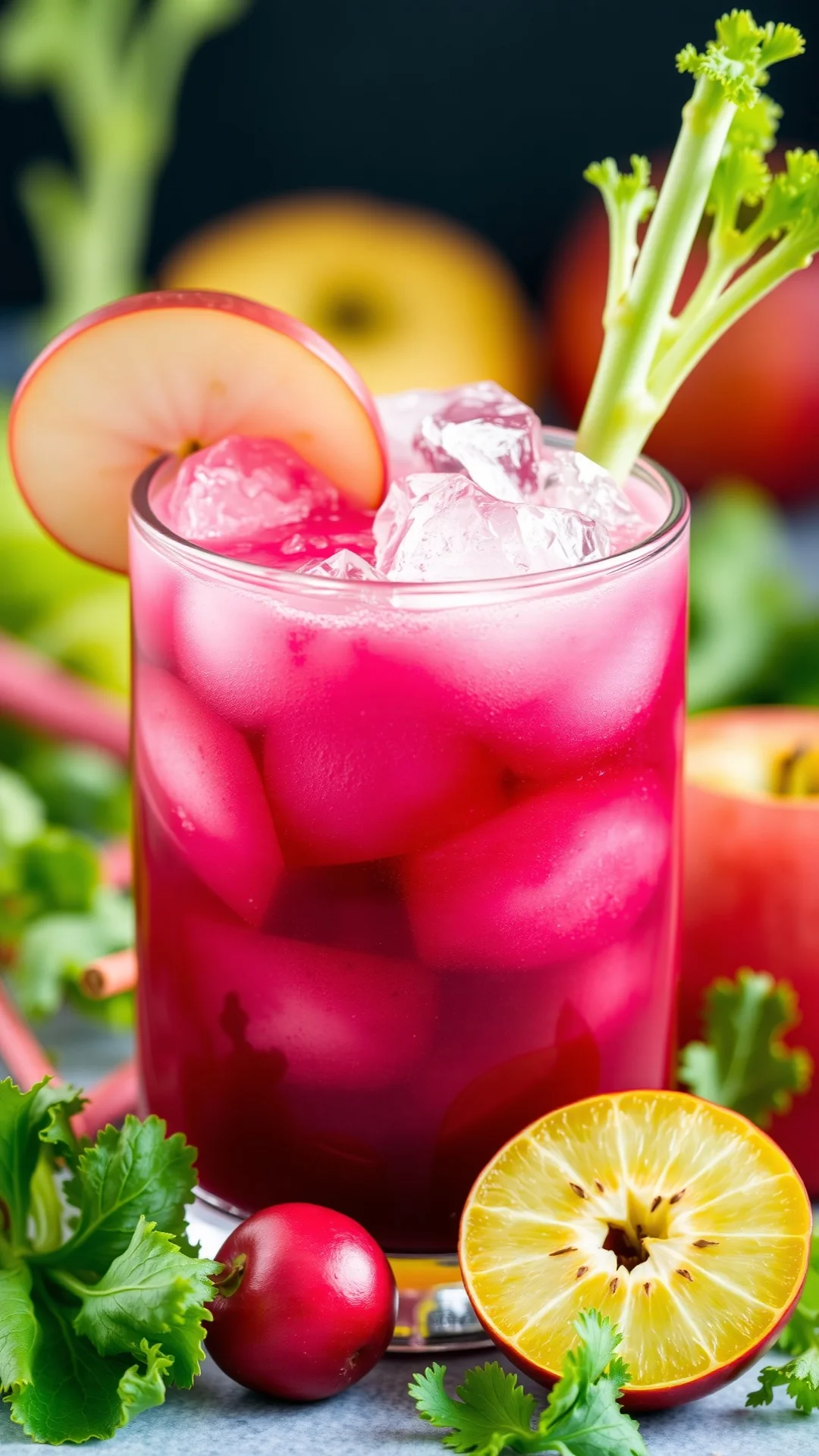 Beet celery green apple detox juice, icy cold glass, refreshing green-red juice, healthy smoothie, macro food photography, vi