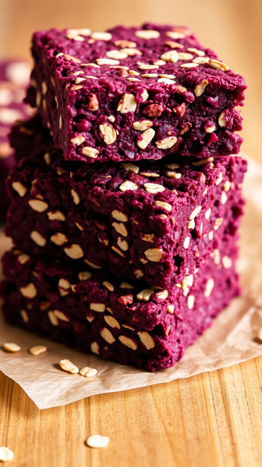 Beet cereal energy bars stacked, deep burgundy color, oats texture visible, natural ingredients, wooden surface, close detail