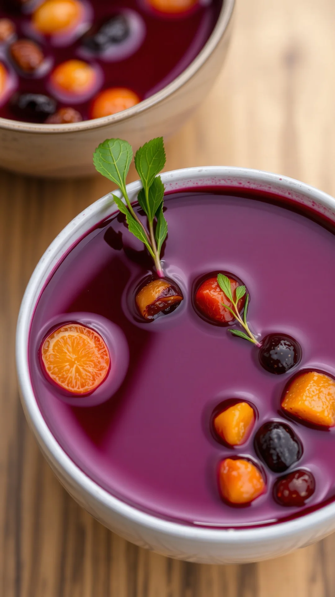Beet consommé with dried fruits and honey, crystal clear ruby broth, floating apricots and raisins, elegant gourmet bowl pre