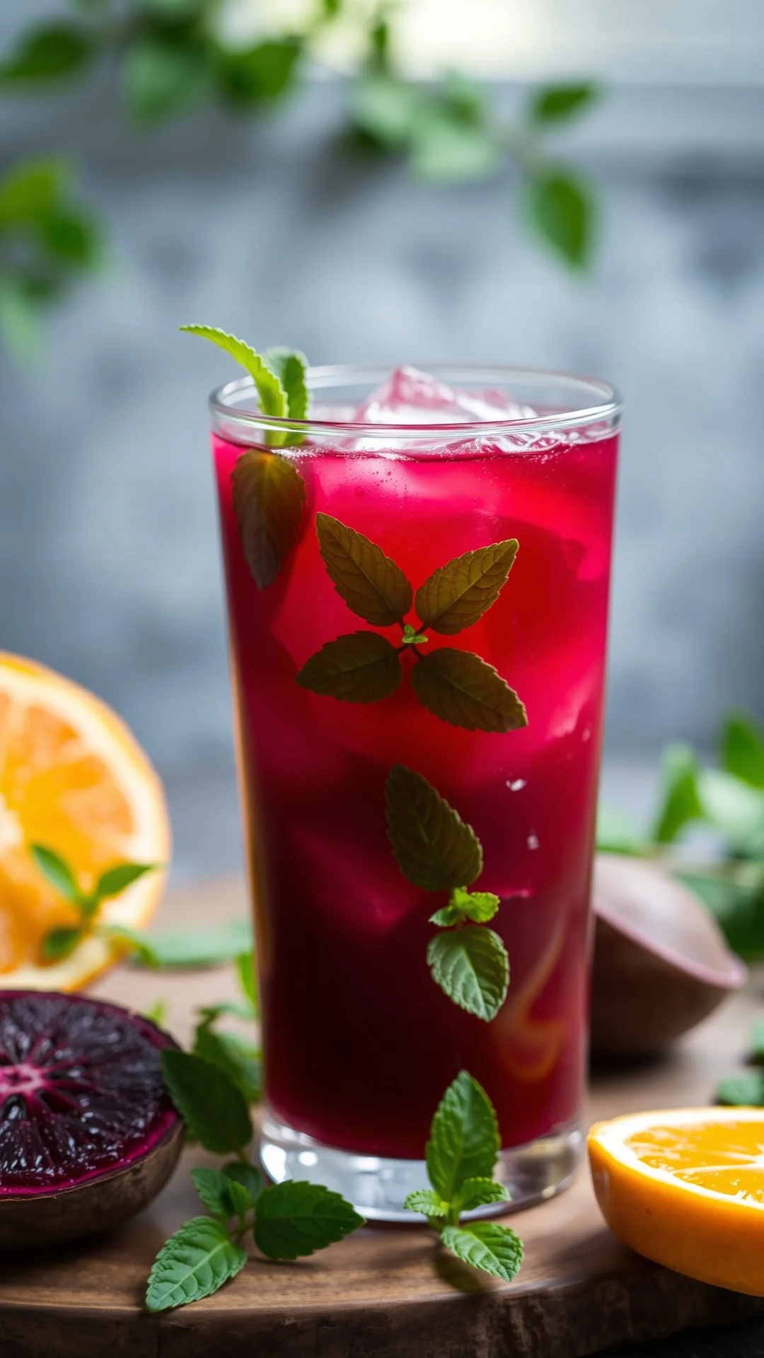 Beet orange mint detox juice, fruity beverage with fresh mint leaves, summer drink, close-up photography, glass with ice, wel