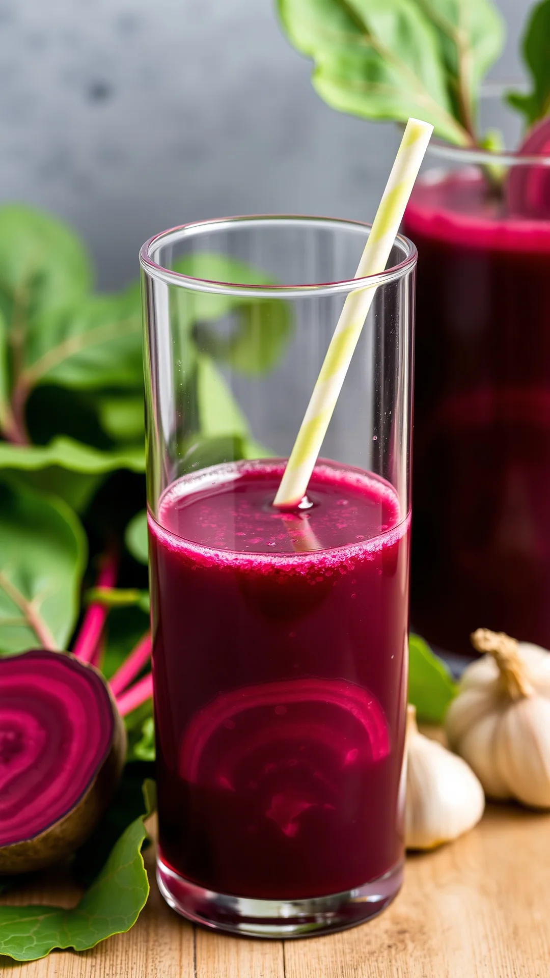Beet spinach lemon garlic detox juice, dark red liquid, nutritious superfood drink, power shot, close-up macro shot, fresh he