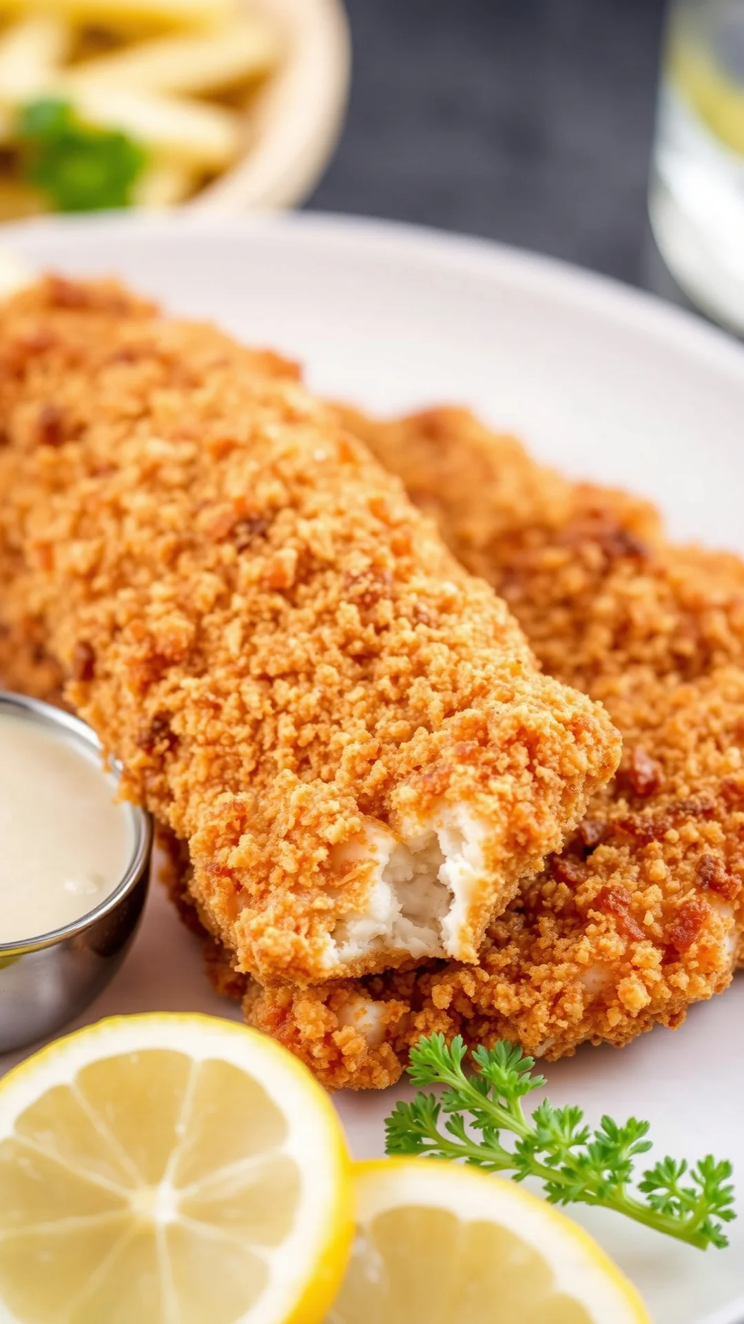 Breaded fish fillets air fried, golden crispy cod fillet, flaky white fish, restaurant quality plating