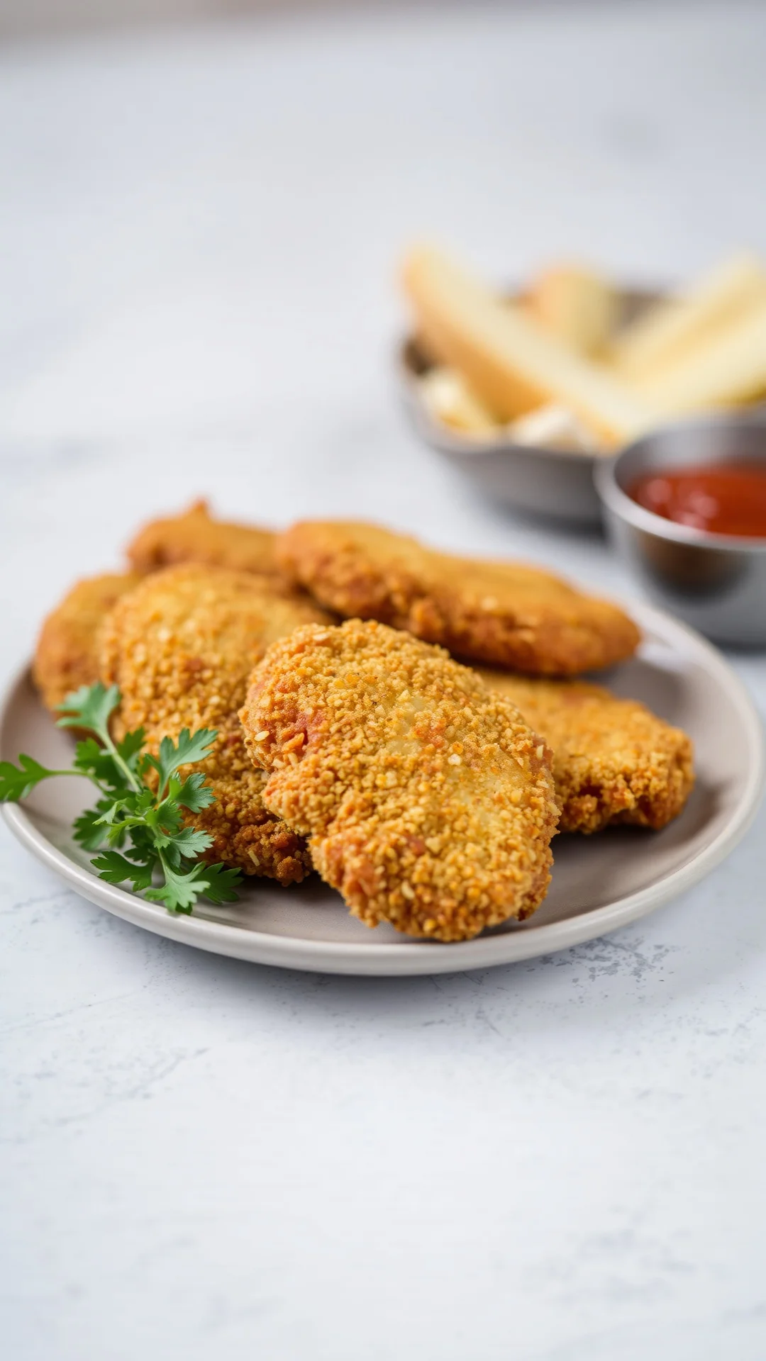 Breaded golden chicken cutlets on a plate, crispy and juicy, professional food photography, shallow depth of field
