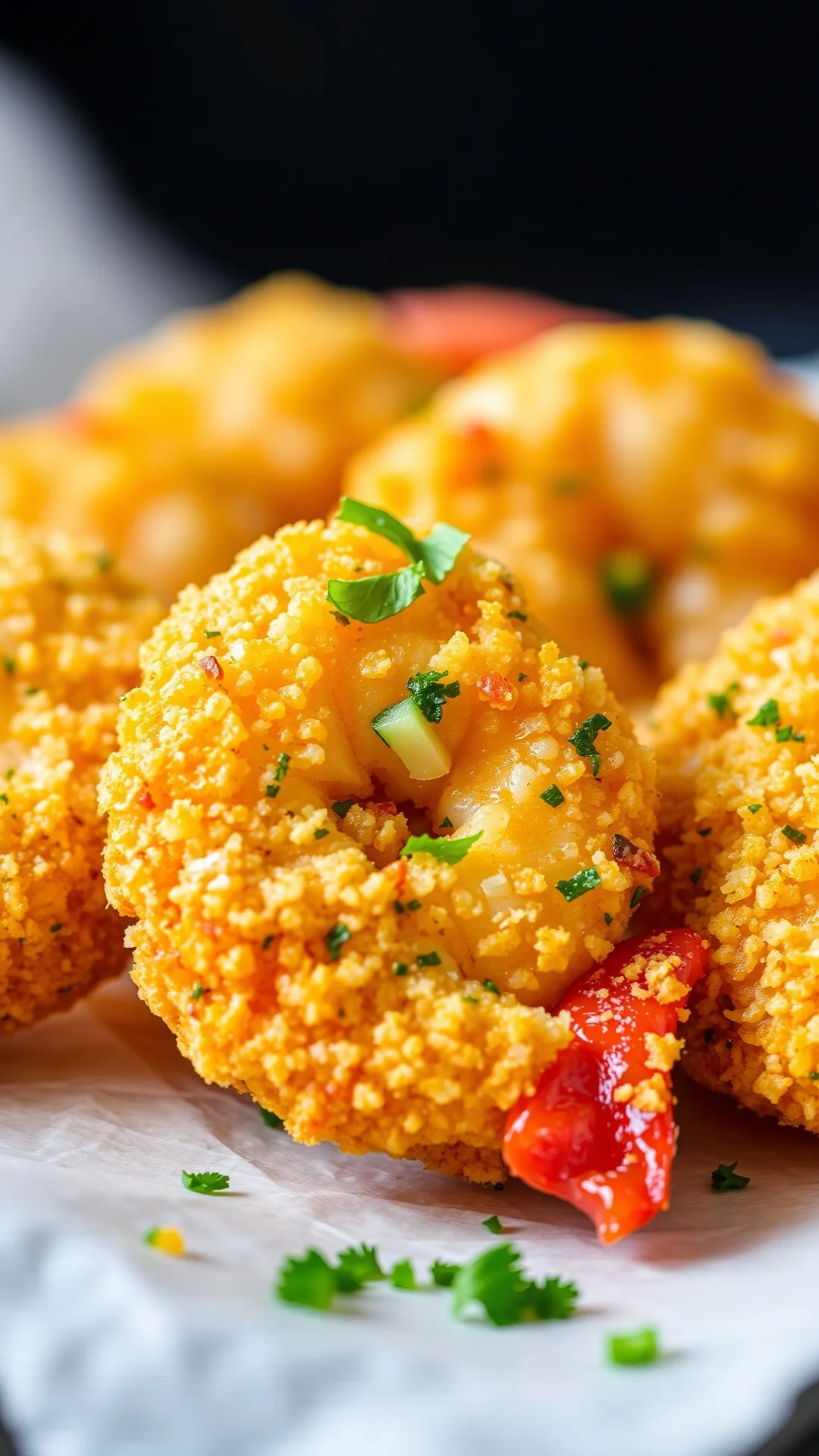 Breaded golden shrimp close-up, garlic parsley coating, professional food photo, appetizer presentation, vibrant colors, shal