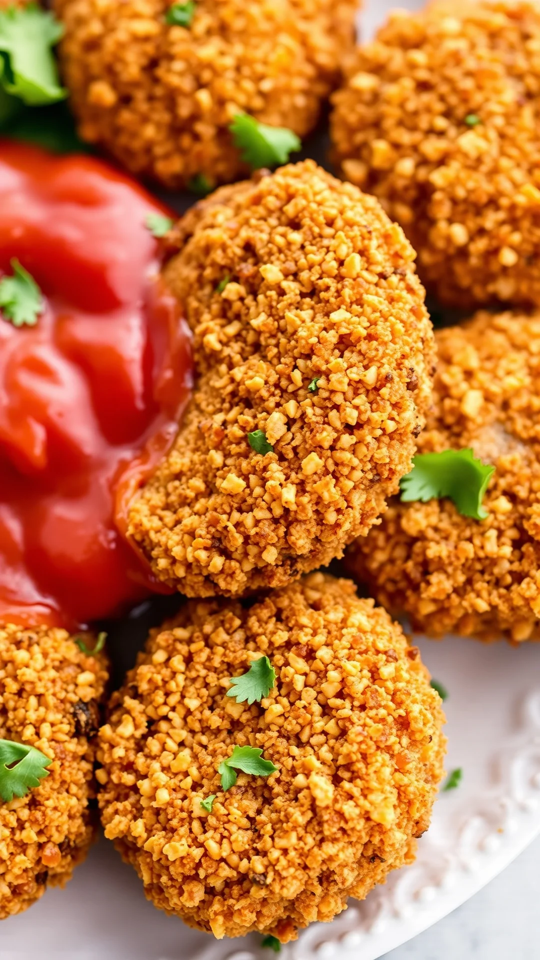 Breaded mushroom caps fried until golden, crispy panko coating, vegetarian appetizer, served with marinara sauce, detailed ma