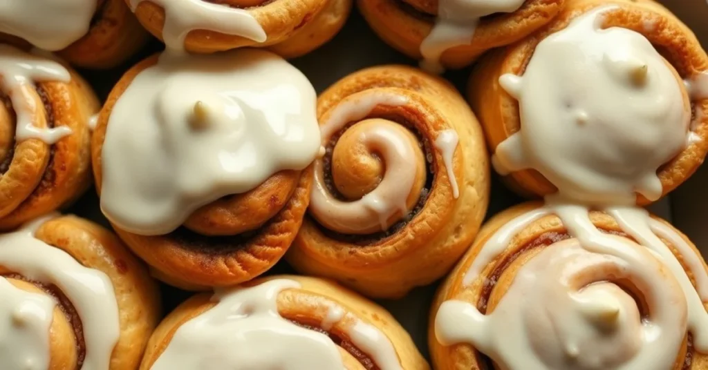 Cinnamon rolls with cream cheese frosting, golden brown spiral pastries, topped with white glaze, warm fresh baked, overhead