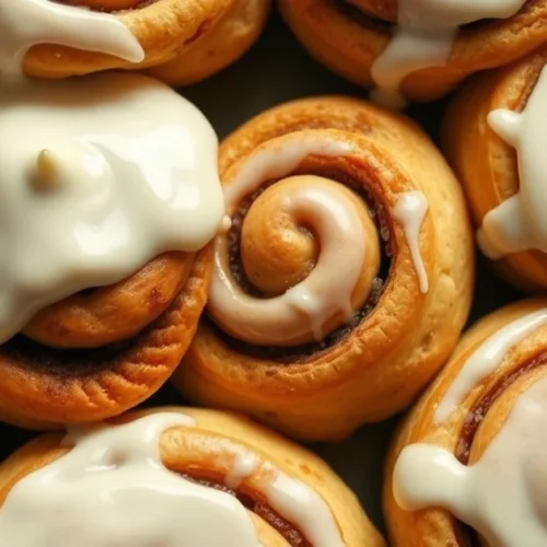 Cinnamon rolls with cream cheese frosting, golden brown spiral pastries, topped with white glaze, warm fresh baked, overhead