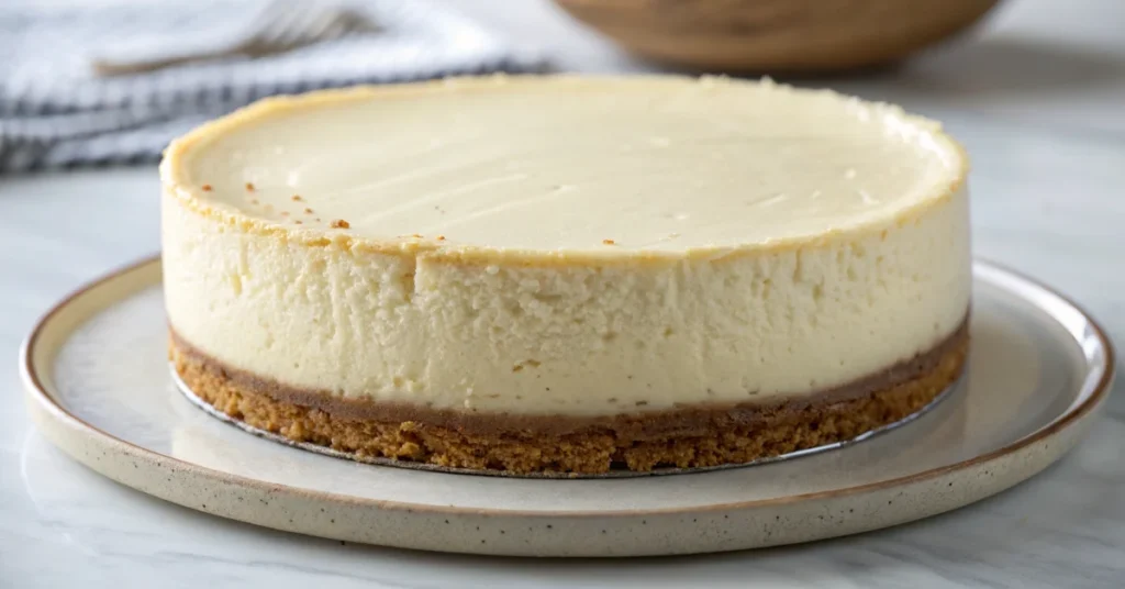 Classic New York cheesecake with creamy filling, golden biscuit base, smooth top, elegant dessert presentation, professional