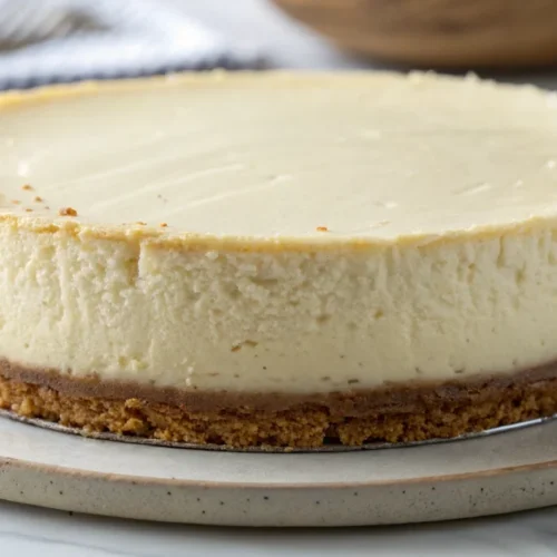 Classic New York cheesecake with creamy filling, golden biscuit base, smooth top, elegant dessert presentation, professional