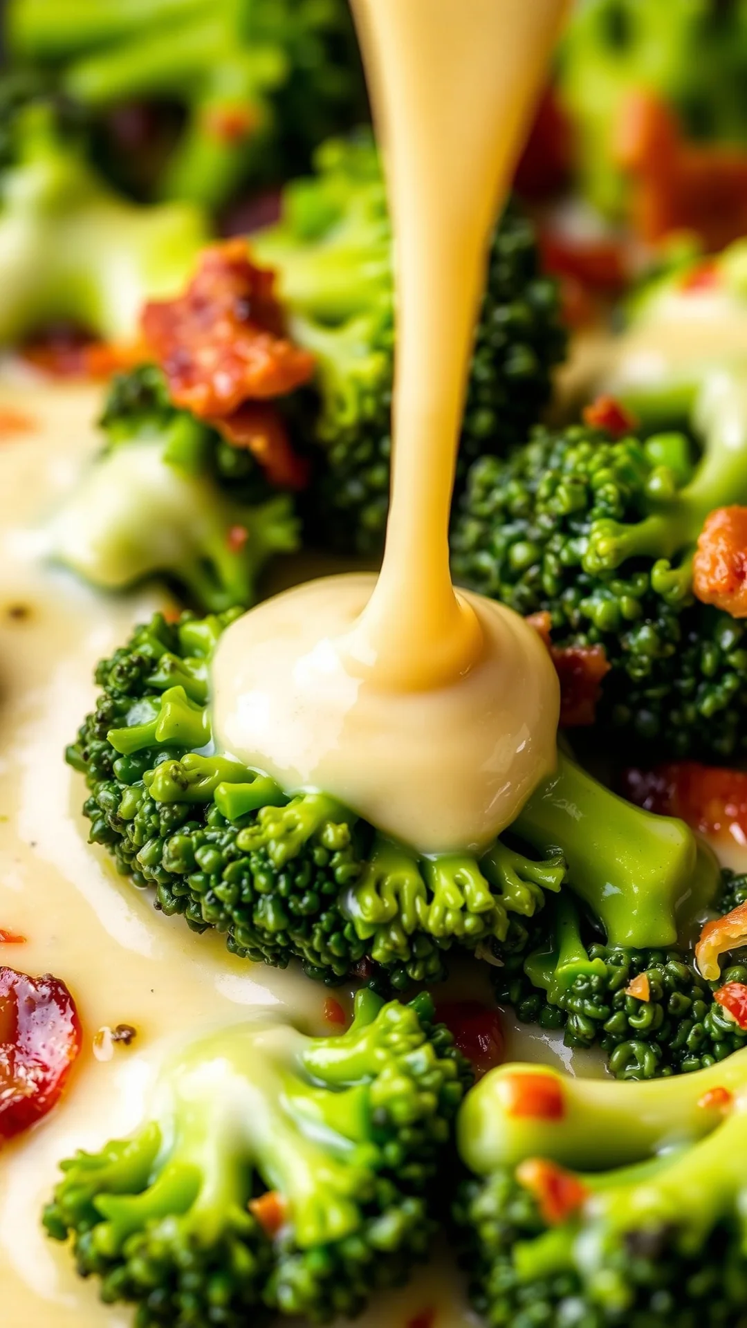 Close-up creamy béchamel sauce pouring over fresh green broccoli florets, bacon lardons, molten melted cheese, gourmet food