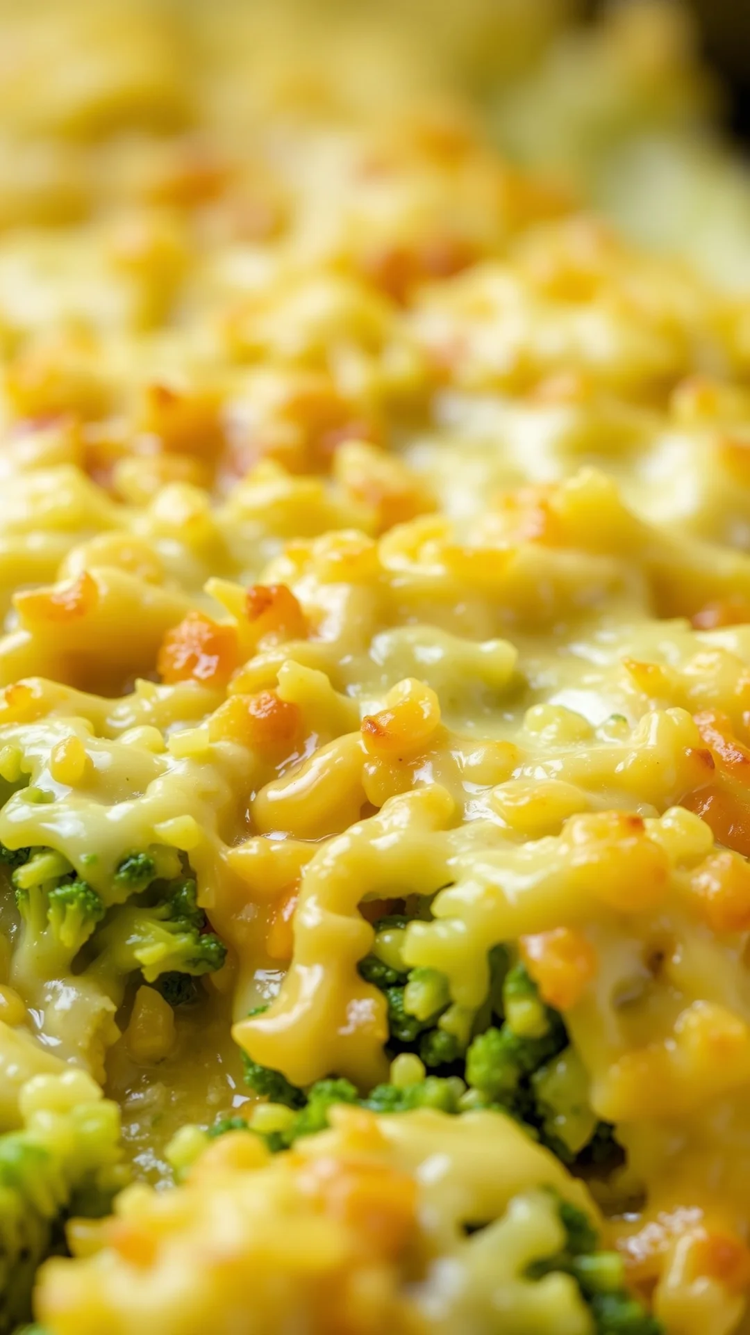 Close-up creamy broccoli gratin with golden cheese topping, melted fromage, fresh hot steaming dish, fine dining presentation