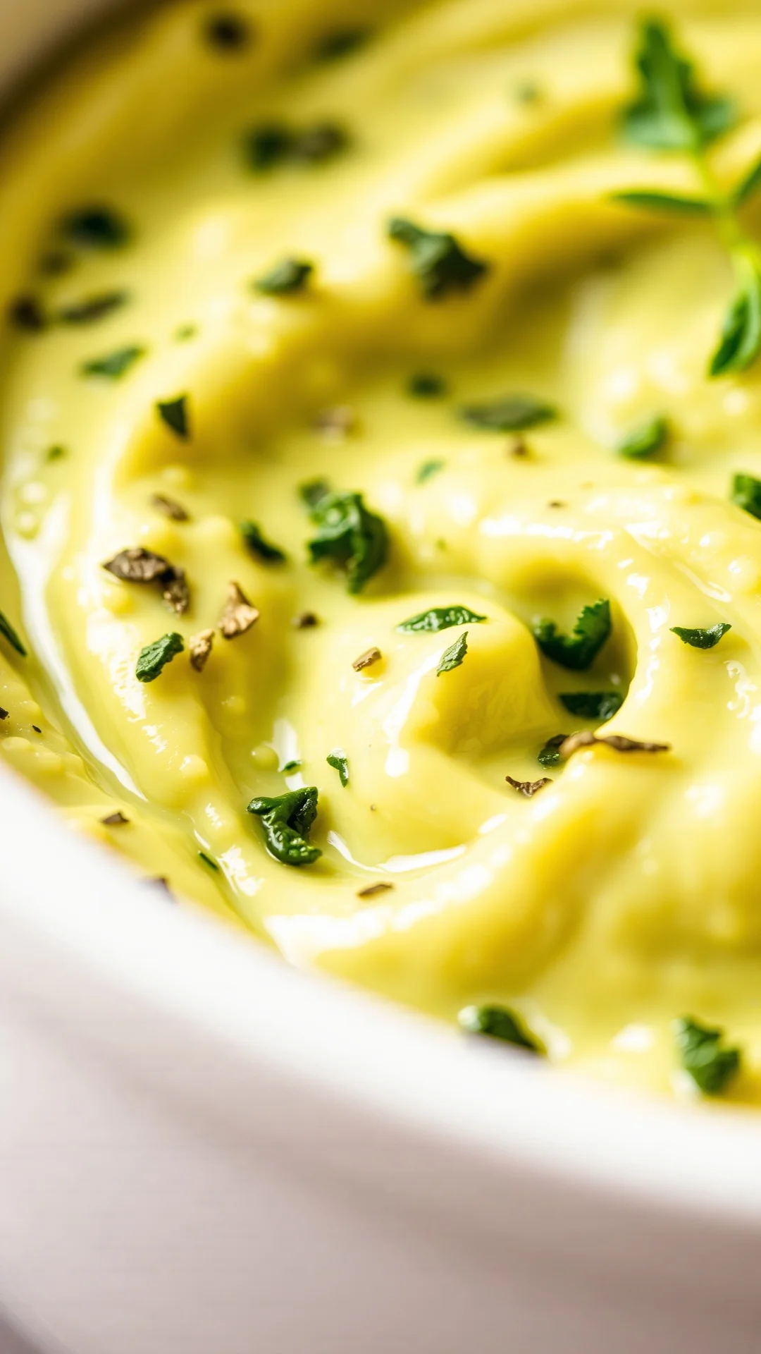 Close-up creamy broccoli puree swirl with fresh herbs, rich texture detail, professional macro food photography, golden light