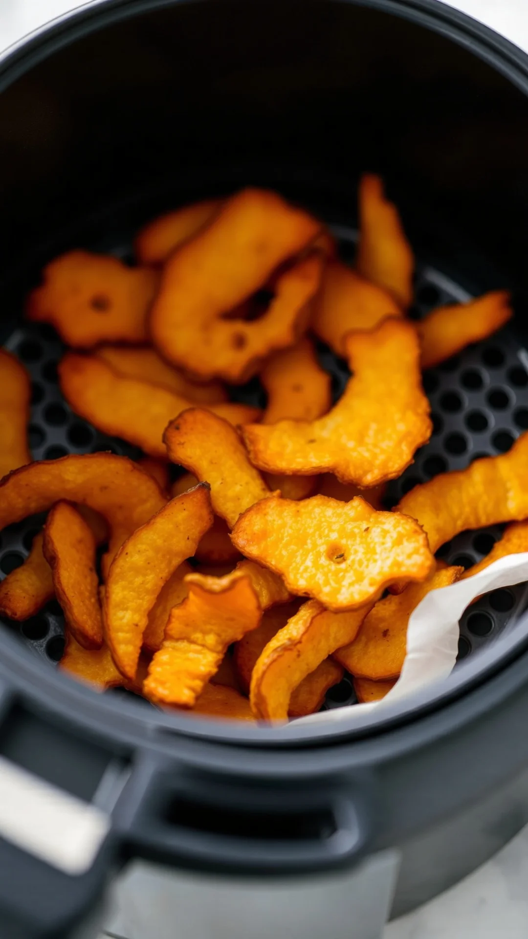 Close-up crispy golden sweet potato chips in air fryer basket, professional food photography, bright natural lighting, shallo