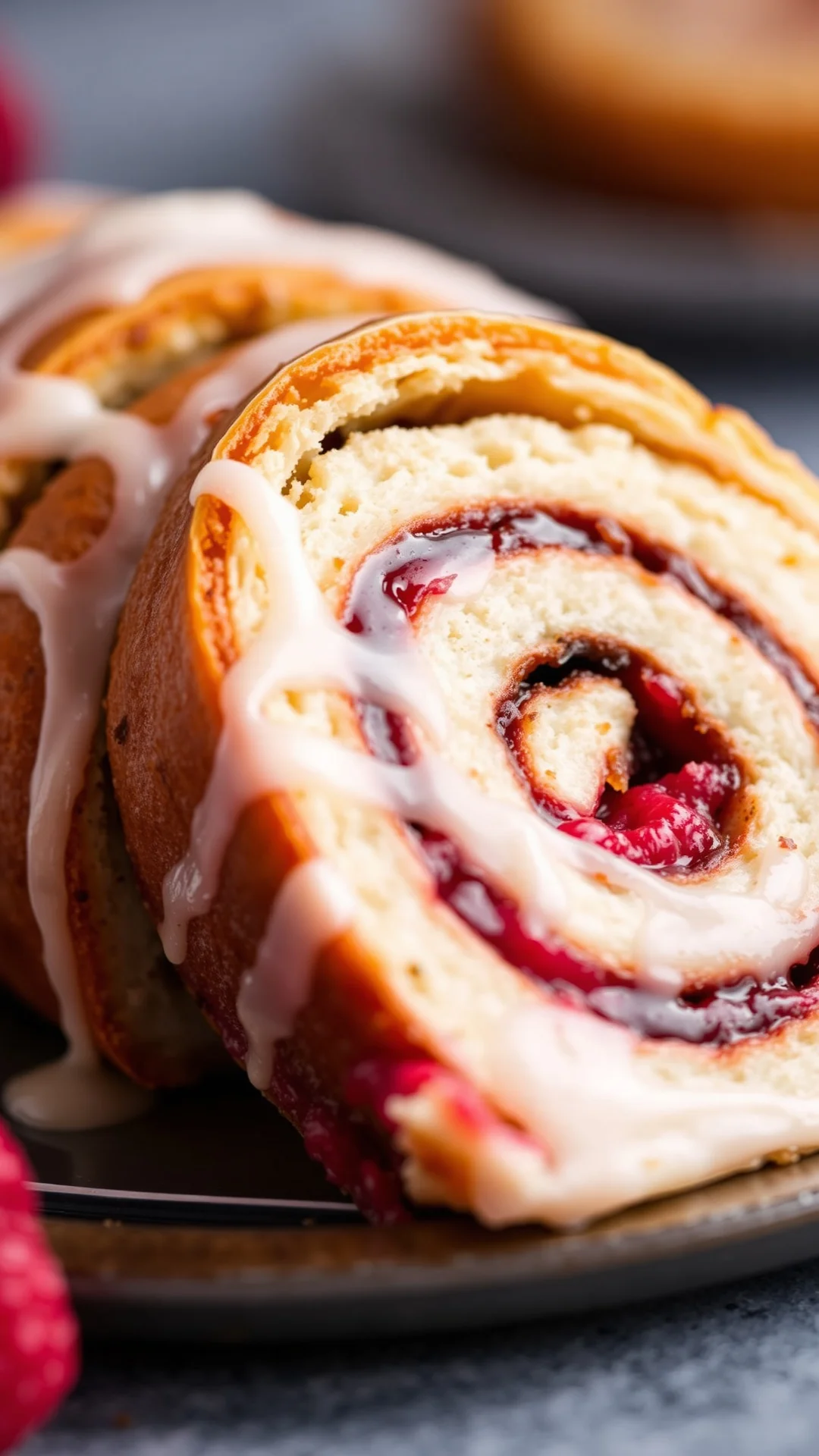 Close-up detail of sliced cinnamon roll with raspberry filling and white glaze, soft focus background, professional food phot