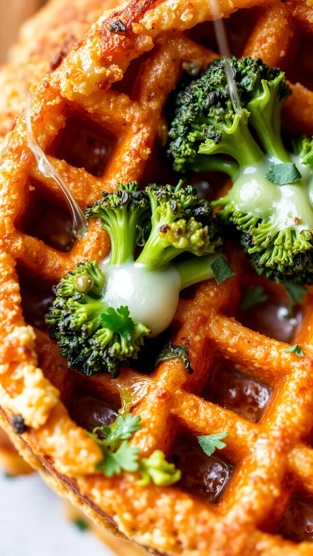 Close-up detailed shot crispy broccoli waffle cross-section, golden brown exterior, melted cheese visible, fresh herbs garnis
