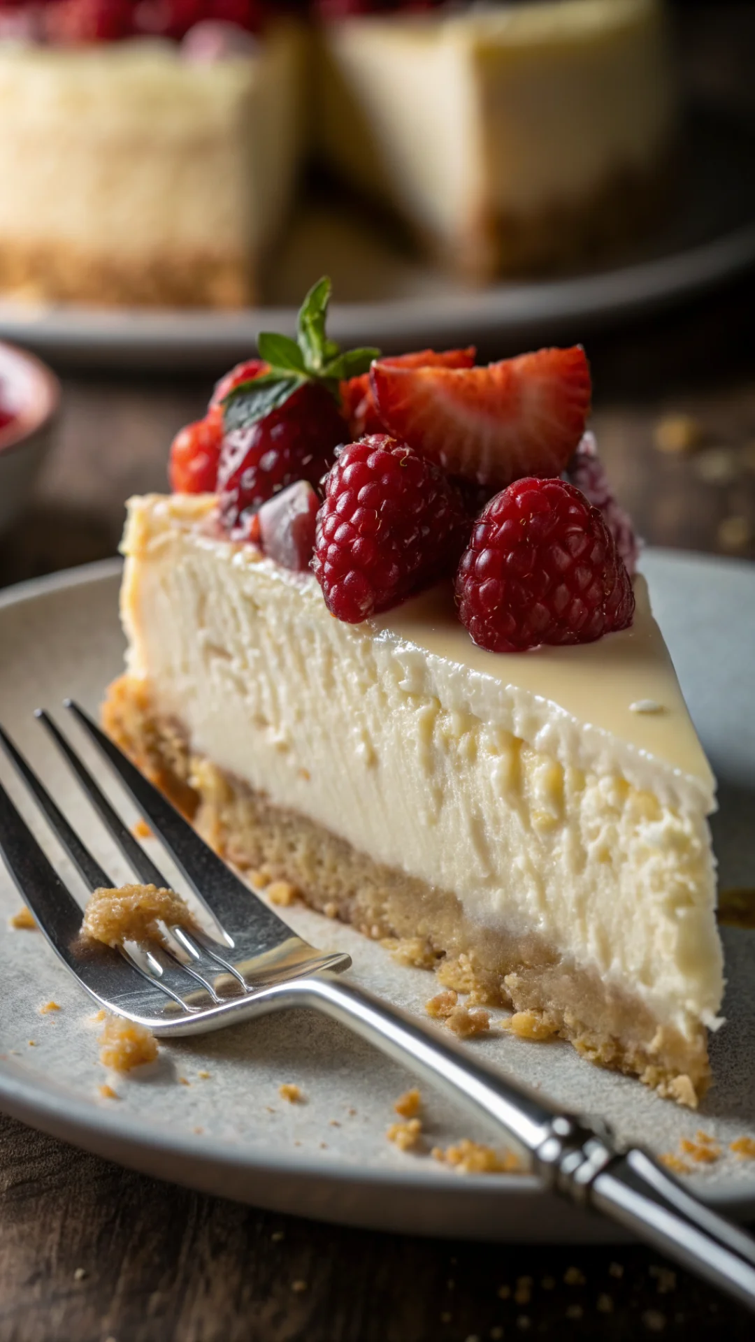 Close-up extreme macro creamy mascarpone cheesecake slice cross-section, showing silky texture, fork with bite, warm soft lig