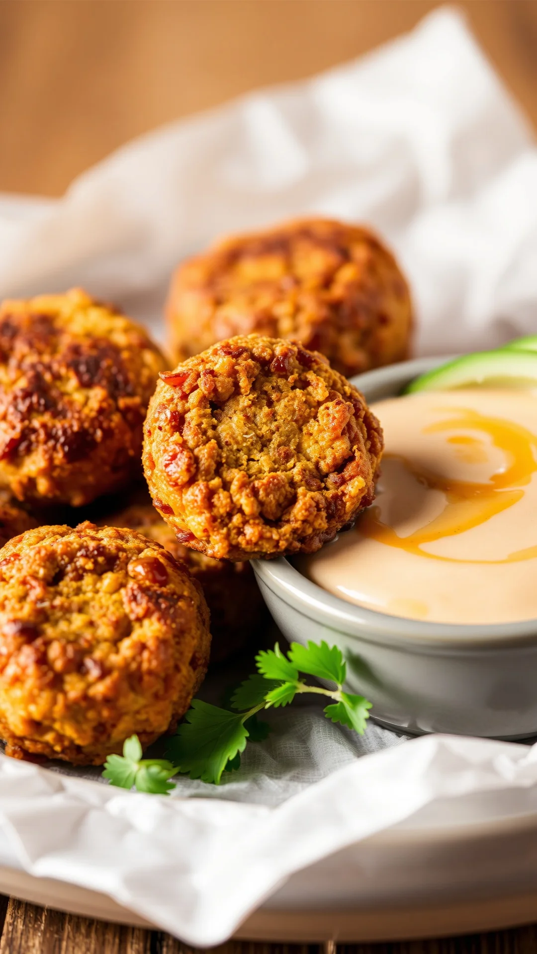 Close-up food photography golden crispy falafels with tahini sauce, Middle Eastern vegetarian appetizer, professional food st