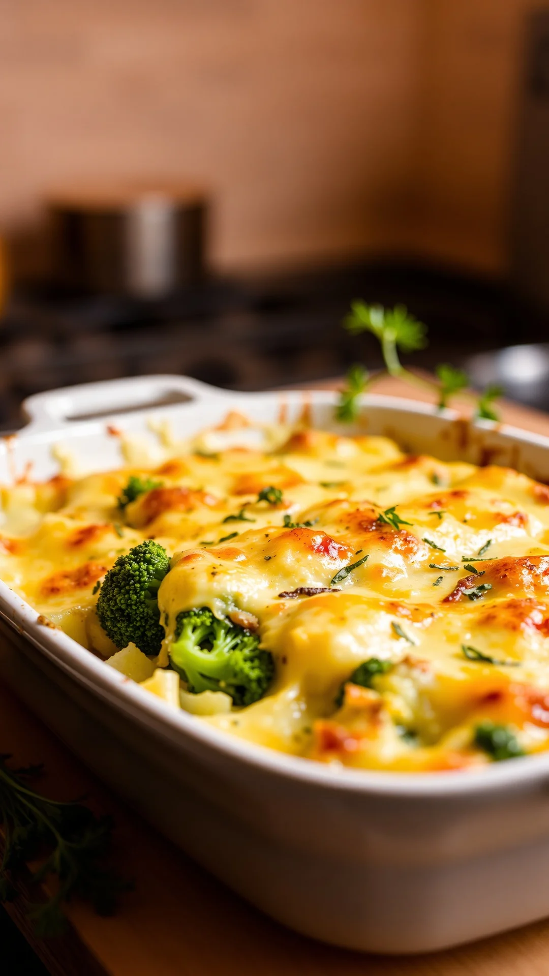 Close-up food photography of creamy potato and broccoli gratin baking dish, golden cheese topping, fresh herbs, warm kitchen