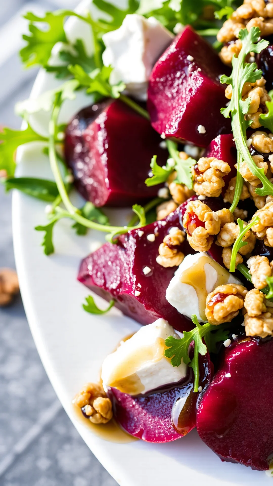 Close-up food photography of vibrant beetroot salad with goat cheese, arugula, walnuts, balsamic vinegar dressing, beautiful