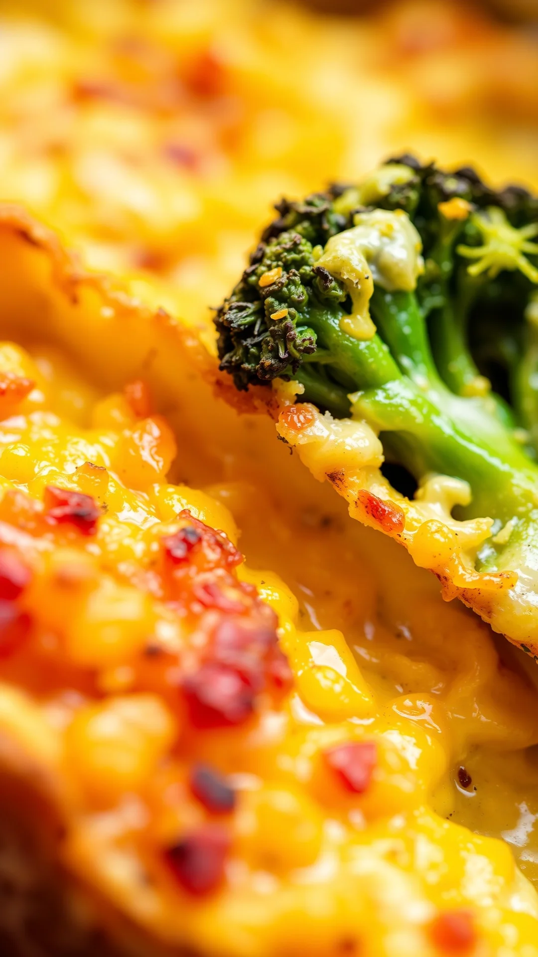Close-up golden baked potato broccoli gratin, melted cheese crust, creamy sauce, tender vegetables, appetizing texture detail