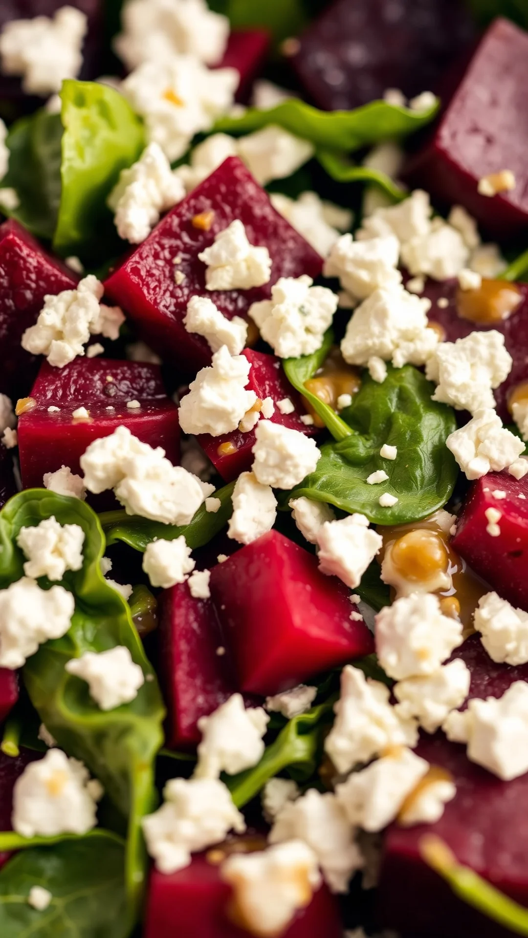Close-up gourmet beet salad with crumbled feta cheese, fresh spinach, and dressing. Vibrant red beets arranged artfully, soft