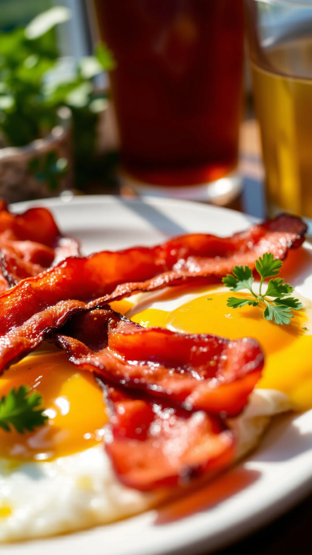 Close-up gourmet breakfast plate with crispy bacon strips, perfectly cooked fried eggs with melted cheddar cheese, fresh pars