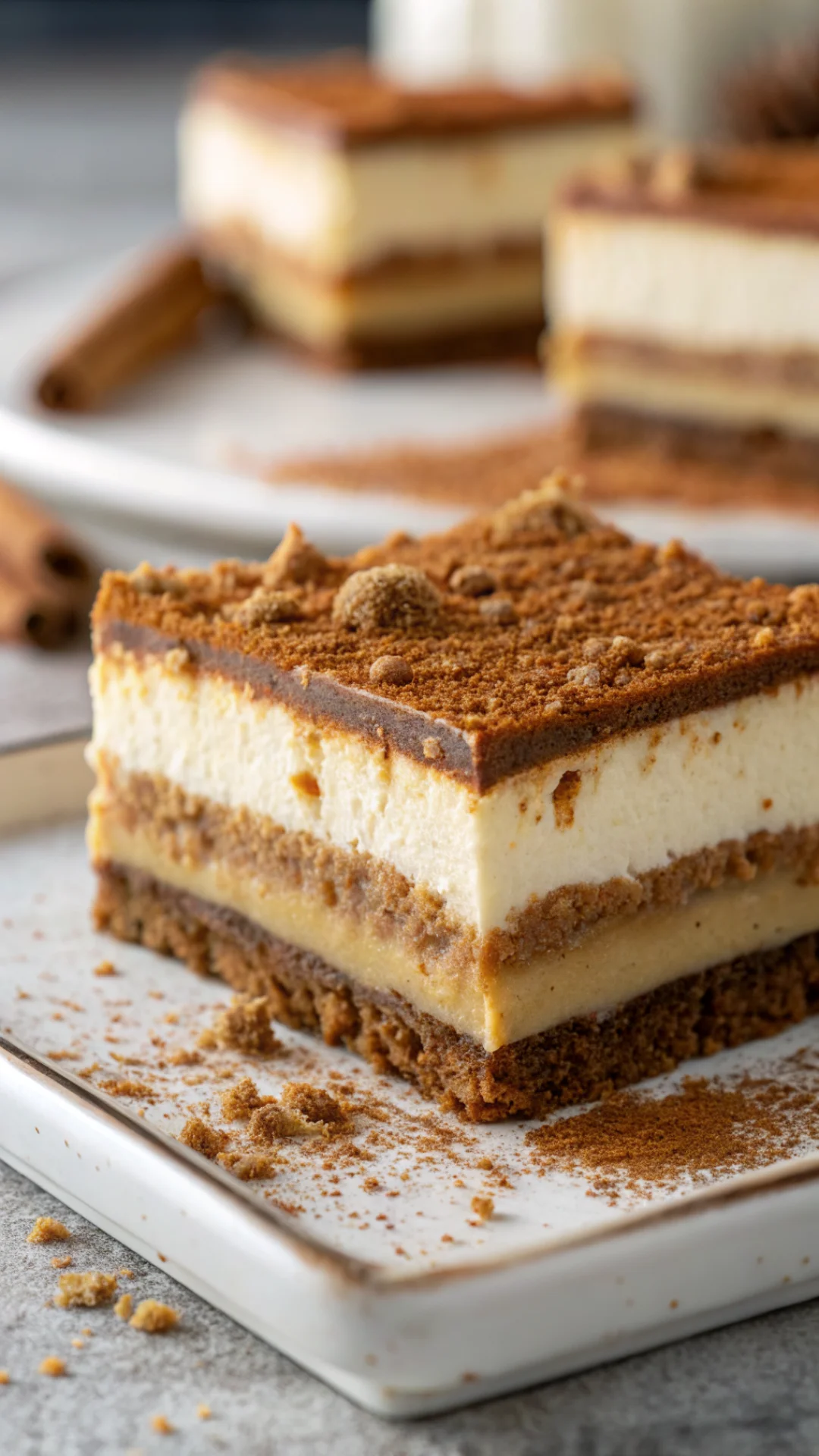 Close-up layered speculoos cheesecake slice showing creamy filling and spiced biscuit base, food photography, macro detail, r